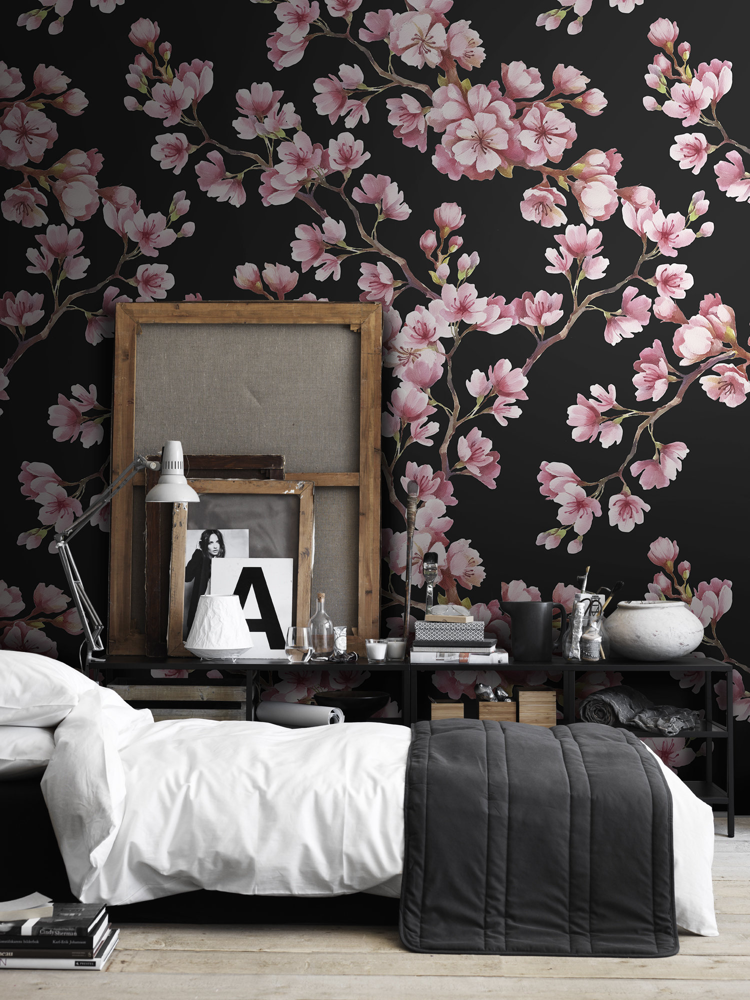 Cherry Blossoms Removable Wallpaper Pink and Black Wall Mural - Etsy