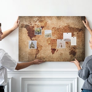 Vintage Weltkarte, braun, große Korktafel, Druck auf Leinwand, Pinnwand, Reise-Tracker, besuchte Landkarte
