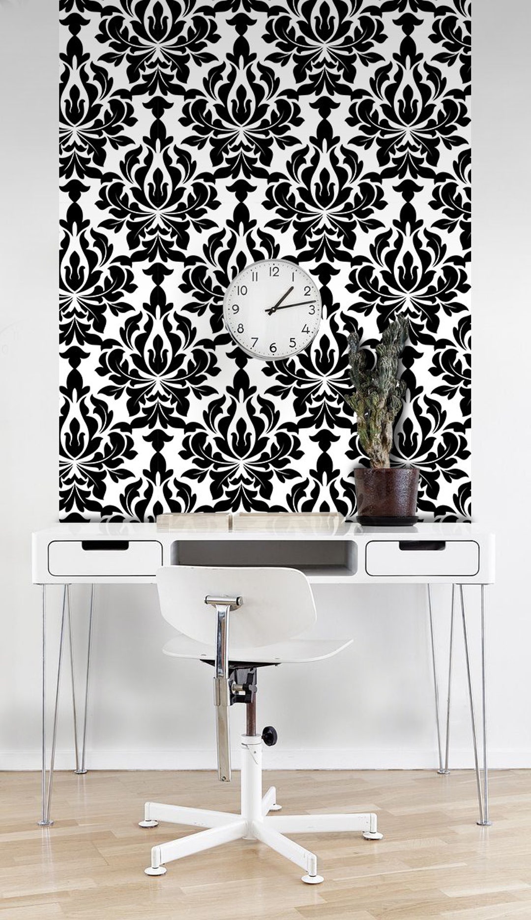 黒色の花柄アラベスク模様の取り外し可能な壁紙、白黒の壁画、デザイン