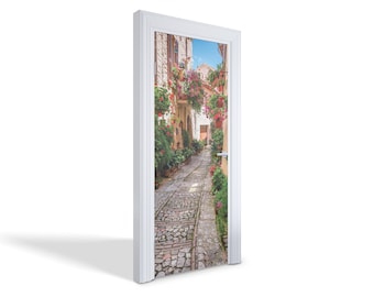 Adesivo de porta "Uma Rua Encantadora de Flores", mural de porta com entalhe, decalques de porta com flores e plantas, mural de porta marrom, adesivos de porta de quarto