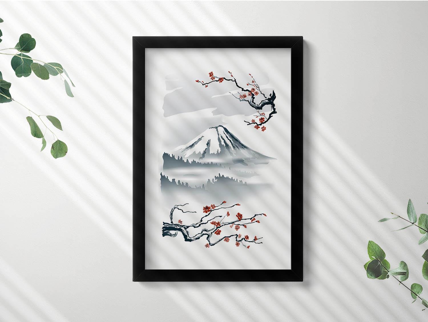 フレームに入った富士山と桜の日本のイラスト、フレームに入った風景画