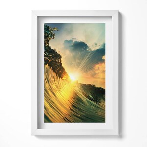 Wave On The Sea And Sunset Print in Frame, Landscape Art Print, Green Wall Art
