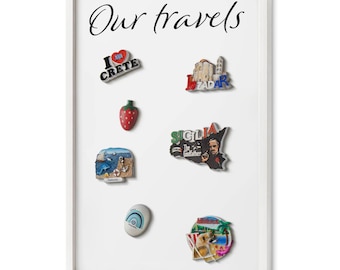 Our Travels Framed Magnetic Board, White Wall Hanging Organizer, Minimalist Minimalist Room Decor, Texts Pattern