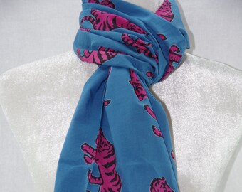 Pink Tiger on Blue Scarf