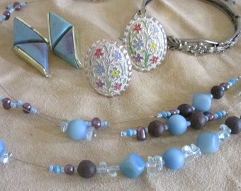 Misty Mountain Memory: 4 pc set;  3-strand Necklace, 2 pr earrings, bracelet; aqua, silver, wine. Estate Jewelry Vintage Item, MS126