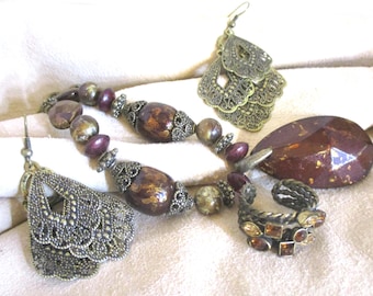 OOAK Fairy Tale 3 pc set: Amber/Aztec gold filigree based; Necklace, chandelier earrings, Adjustable Ring;  Vtg Estate Sale Items, MS136