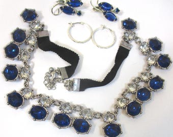 Blue Sapphire Rhinestone Necklace & Earrings Set - Vintage Estate Jewelry