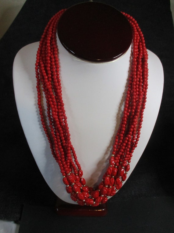 Cherry Red Retro: 3 pc vintage 9-strand necklace,… - image 3
