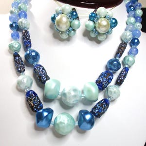 Japan 2-strand Mixed Blues beaded necklace and clip-back earrings. 2 pc vintage set. Estate sale find. #2344
