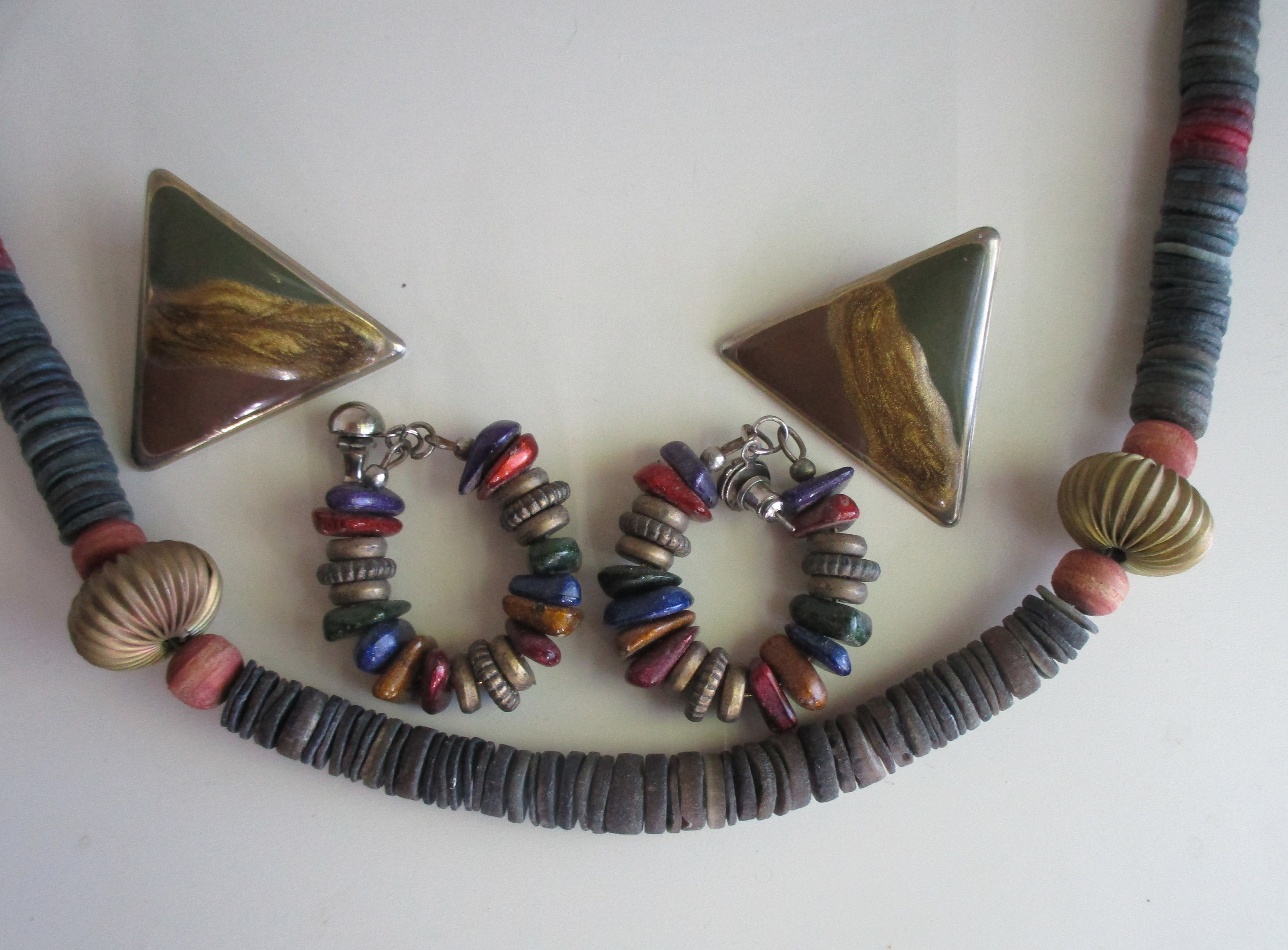 Boho Earth-tones 4 Pc OOAK Set; Necklace, 2 Pr Pierced