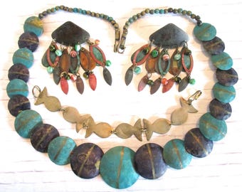 Deep Blue Sea: 3 OOAK hand-crafted vintage pieces; Metal Necklace, Brass fish bracelet, Metal/bead earrings. Estate jewelry, Sudy Set, MS183