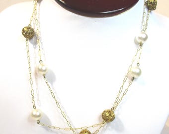 Vintage filigree gold ball and pearl station necklace, delicate peanut/crinkle chain, 34". #2662