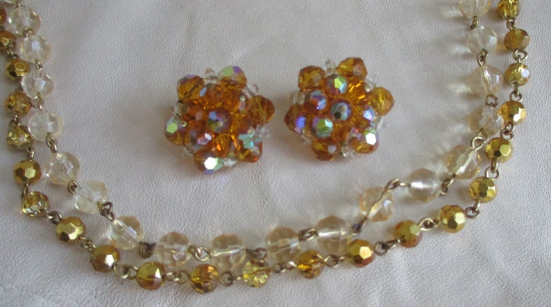 Golden /& clear AB crystals Unique 2 pc vintage Set; Double strand 30 Necklace complementary clip back earrings Estate sale jewelry DS105