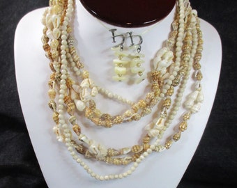 Beach. Boho Beige: OOAK 4 pc vintage group. 3- 36" shell necklaces & screw-back MOP earrings. Estate sale finds. #2215