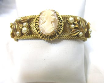 Florenza style woven mesh Cameo bracelet, golden floral accents, faux pearl highlights. Not signed. #2680