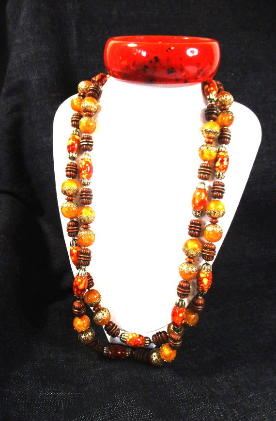 Color Pop:  Burnt Orange Italian Bakelite Bangle with Hong Kong Beaded Double Strand Necklace. 2 pc set. Estate sale finds. #2199 View 2