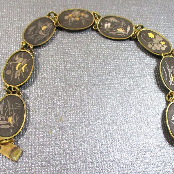 Vintage Damascene 10K* 8 image Bracelet, Japanese. Estate Sale Find #2233