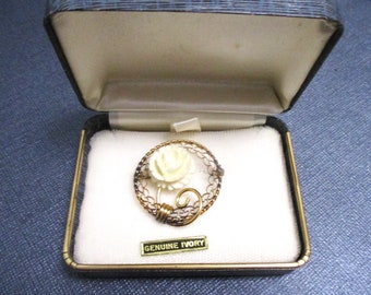 Vintage Carl Art (CA-Arrow) 1/20 12K GF Carved Ivory Rose Wreath brooch, Wire Lace. with box. Estate Sale Rescue, #2272