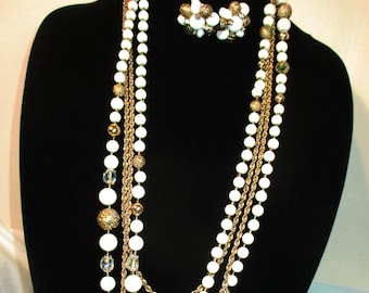 Layered Beaded Necklace Set, Goldtone Chain, Rhinestone Earrings