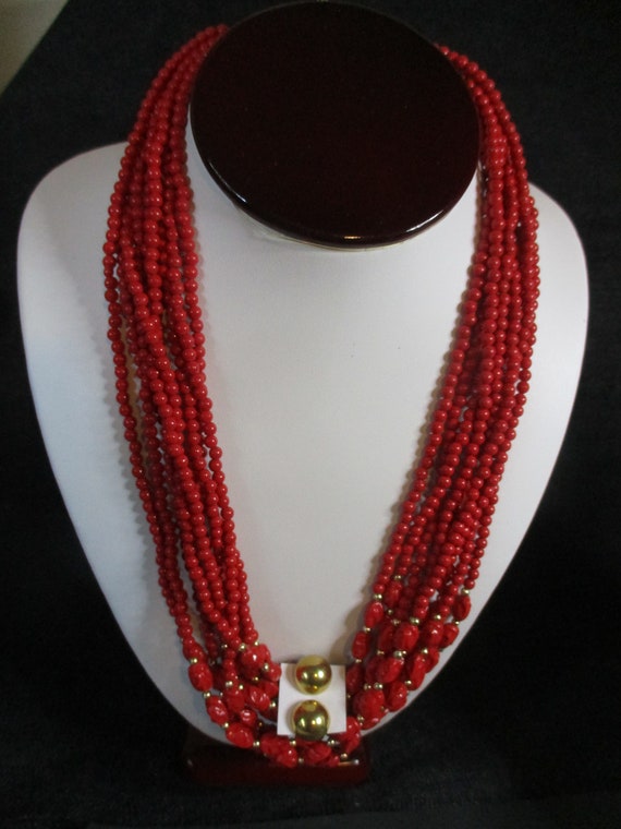 Cherry Red Retro: 3 pc vintage 9-strand necklace,… - image 2