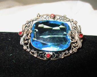 Vintage Austrian Style Filigree Silver Brooch, Aqua & Ruby Colored Gems. C-clasp.  Estate sale find.  #2425