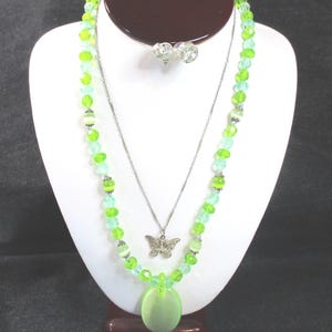 Silver butterfly on Monet silver bar chain, 2nd layered necklace= aqua-green beaded; pierced earrings. 4 pc OOAK set Estate sale finds #2248