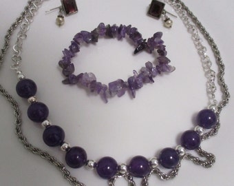 February Treat: Vintage 4 pc set. Amethyst and silver tone. 2 necklaces, pierced silver earrings, nugget bracelet.  Estate sale items V2007