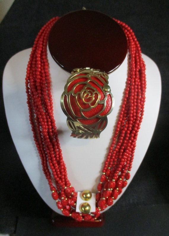 Cherry Red Retro: 3 pc vintage 9-strand necklace,… - image 1