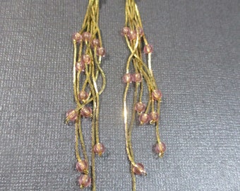 Vintage Cascade Waterfall Pierced Earrings, Yellow Gold flat triangle link chain & pink quartz beads . Estate sale find. #2235