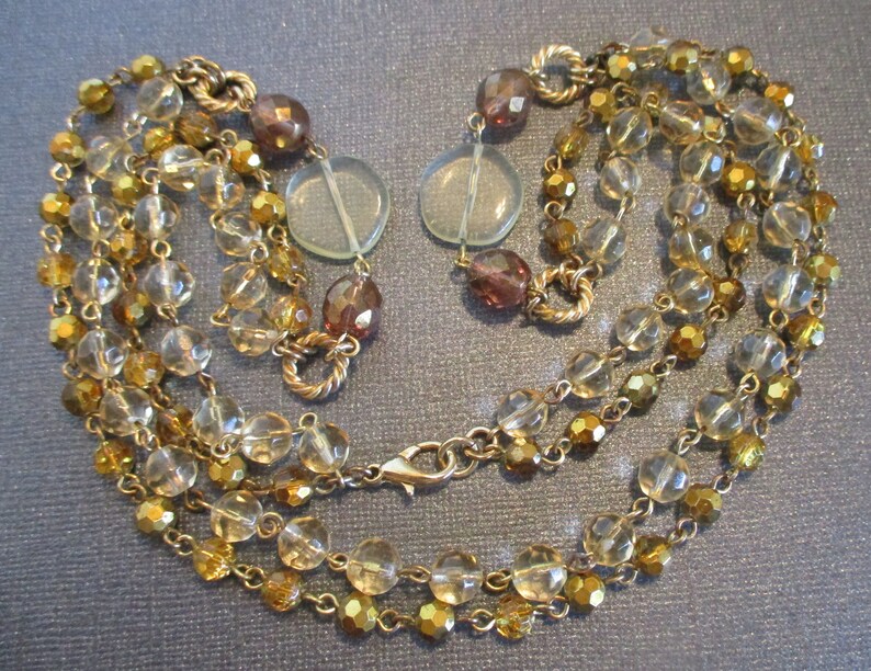 Golden /& clear AB crystals Unique 2 pc vintage Set; Double strand 30 Necklace complementary clip back earrings Estate sale jewelry DS105