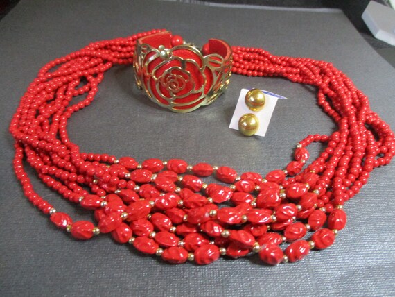 Cherry Red Retro: 3 pc vintage 9-strand necklace,… - image 5