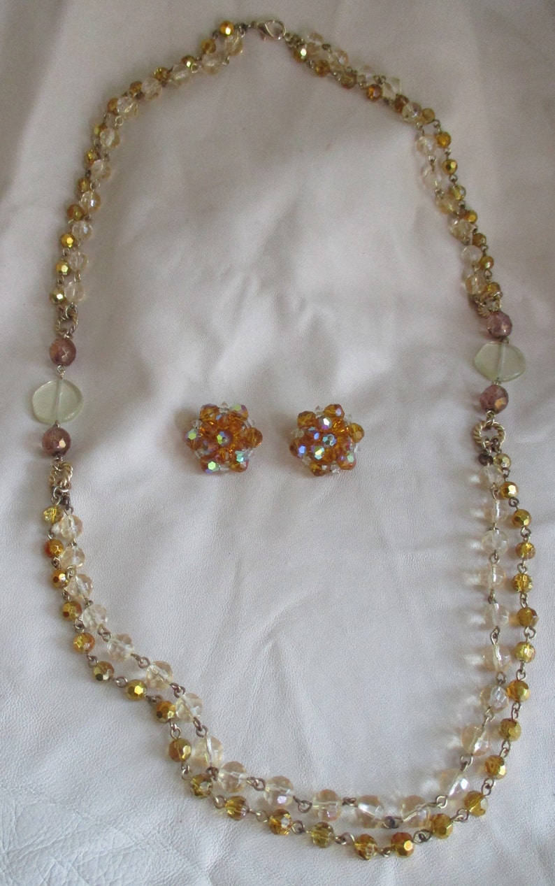 Golden /& clear AB crystals Unique 2 pc vintage Set; Double strand 30 Necklace complementary clip back earrings Estate sale jewelry DS105