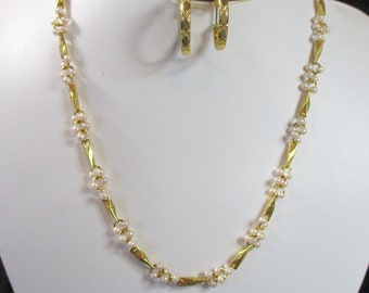Pearls. Golden Bars & Mini Pearls: vintage 2 pc set, Kim Rogers 17.5" necklace, gold-tone designed pierced hoops. Estate sale finds. #2218