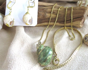 She Sells Sea Shells I:  3 pc 10K edged shells and gold-tone chain, bracelet, lever backs.  Estate & newly crafted Jewelry, Sudy Set, MS172