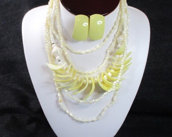 Beach.  Mello Yello: 4 pc vintage set - 3 various shell necklaces, pierced enamel metal earrings. Estate sale finds #2214