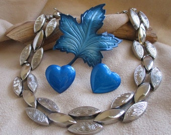 I 'Heart' Canada:  in teal and silver, 3 pc vintage set, necklace, brooch,earrings, Estate items, Sudy Set,  MS118