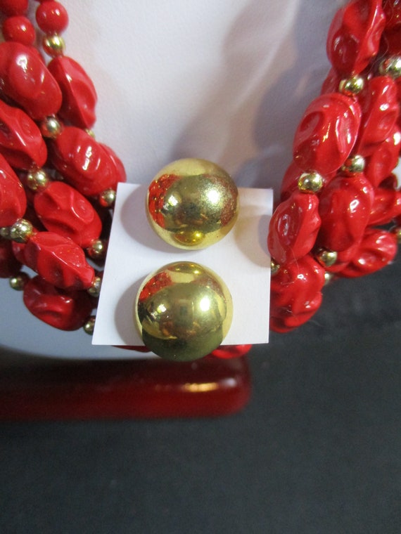 Cherry Red Retro: 3 pc vintage 9-strand necklace,… - image 4