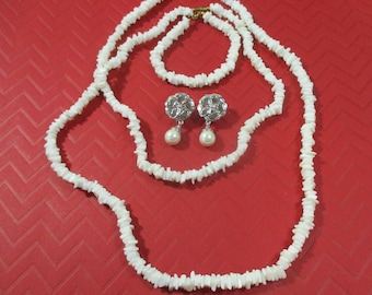 Beach II. Puka Party - 4 pc set. Vintage puka necklaces, and bracelet. Pierced faux pearl drop earrings.   Estate sale finds #2211