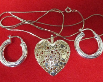 Heart Shine: Giftable 3 pc set 3-D Filigree Heart Pendant, silvertone chain, 1" pierced hoop earrings, Vintage Estate Sale jewelry, MS269