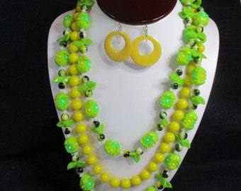 Lemon-Lime Sorbet: Vtg 3 pc group. Hong Kong colorful necklace, yellow beaded knotted necklace, enameled earrings. Estate Sale Finds #2247