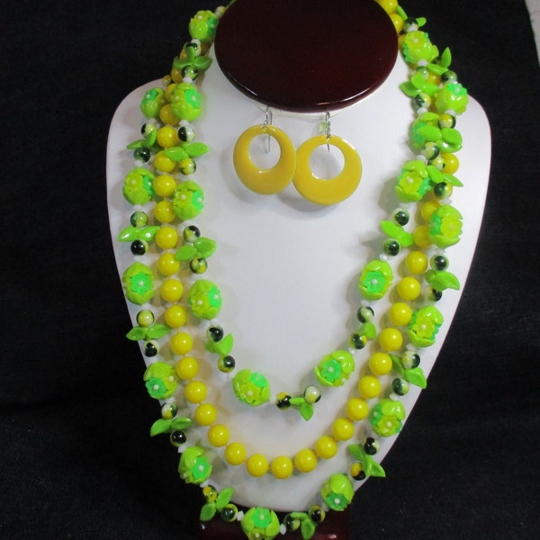 Lemon-Lime Sorbet: Vtg 3 pc group. Hong Kong colorful necklace, yellow beaded knotted necklace, enameled earrings. Estate Sale Finds #2247