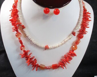 Beach I. Coral Pop. 3 pc set. Shell & vacation themed. Vintage heishi / coral bead necklaces, coral toned studs. Estate sale finds #2210