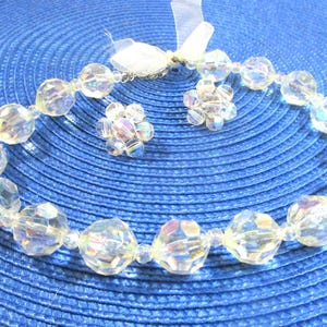 AB crystal 2 pc set: Aurora Borealis sparkling bead choker & earrings - clip back. From estate jewelry items, #2094