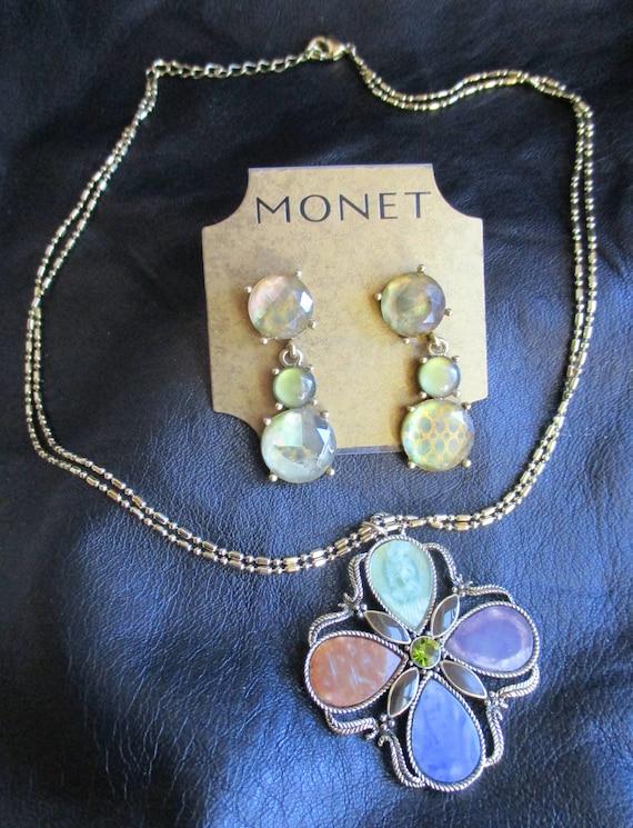 Monet Clover:  Vintage 2 pc set. Colorful stones … - image 1