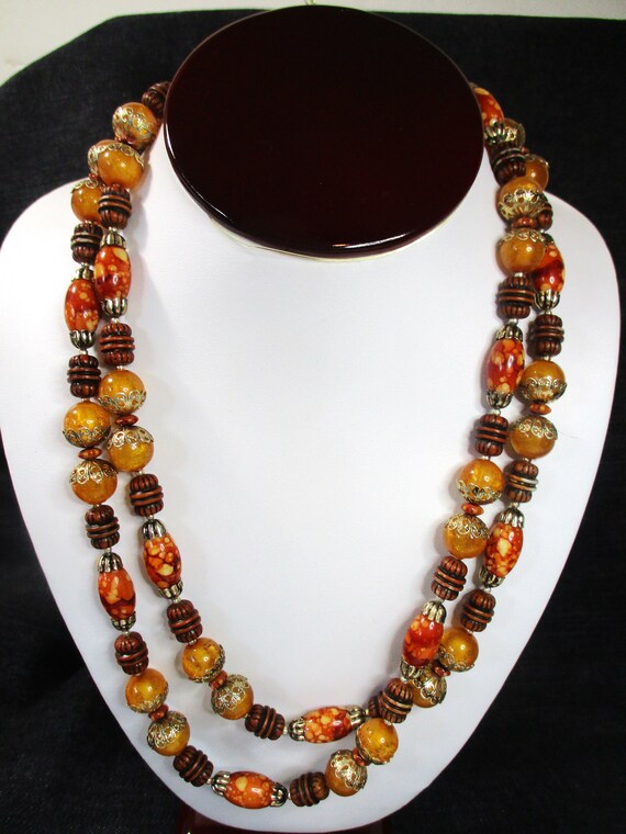 Color Pop:  Burnt Orange Italian Bakelite Bangle with Hong Kong Beaded Double Strand Necklace. 2 pc set. Estate sale finds. #2199 View 4