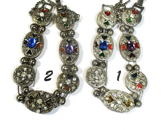 Silver, Enamel and Faux Gem Stone Slide Bracelets, double chains. 2 bracelets. Vintage Estate sale finds #2163  1 & 2