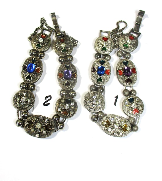 Silver, Enamel and Faux Gem Stone Slide Bracelets, double chains. 2 bracelets. Vintage Estate sale finds #2163  1 & 2