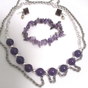 February Treat: 4 pc OOAK set. Amethyst- silver tone. 2 layered necklaces, pierced earrings, nugget bracelet. Vntg Estate sale items V2007
