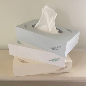 May include: Three tissue box covers stacked on top of each other. The top cover is light blue with a white tissue box inside. The middle cover is white with a light green feather design. The bottom cover is cream with a brown feather design.