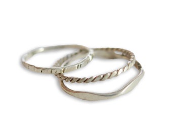 All Three Silver Stackable Rings, Sterling Silver, Rope, Birch, Hiking Hills and Valleys